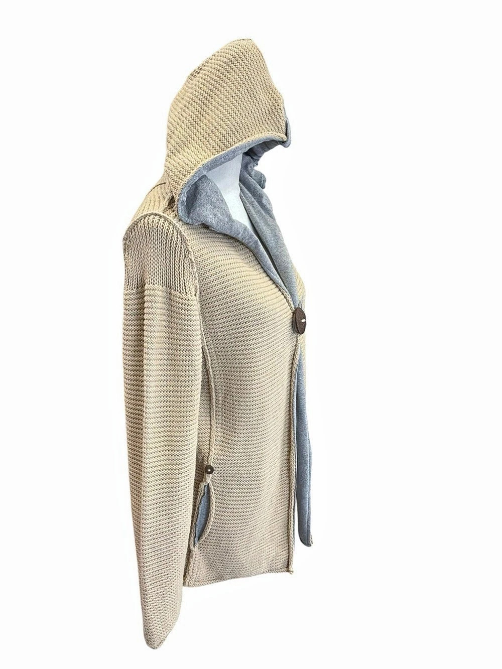 Pure Handknit Cotton Hooded Cardigan Sweater Jacket Beige Gray Boho XS/S - Picture 7 of 14